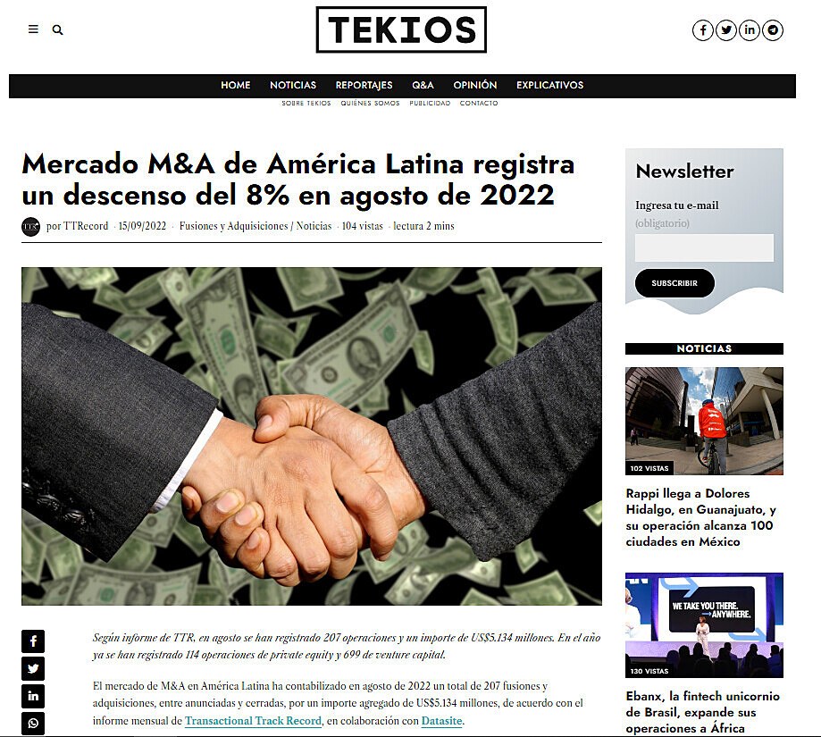 Mercado M&A de Amrica Latina registra un descenso del 8% en agosto de 2022